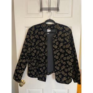 Vtg Blair Boutique Womens Open Jacket Size 18W Black Gold Floral Shoulder Pads